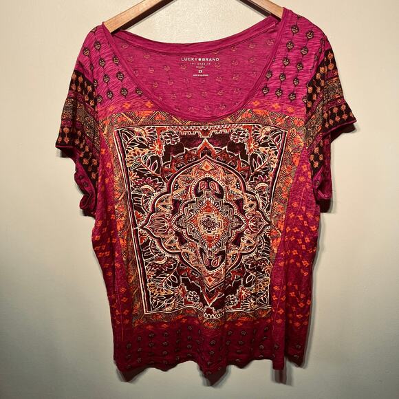 Lucky Brand Top Tunic Fuchsia Pink Knit Boho Artsy Scoop Neck Comfy Casual 2X - Picture 1 of 6